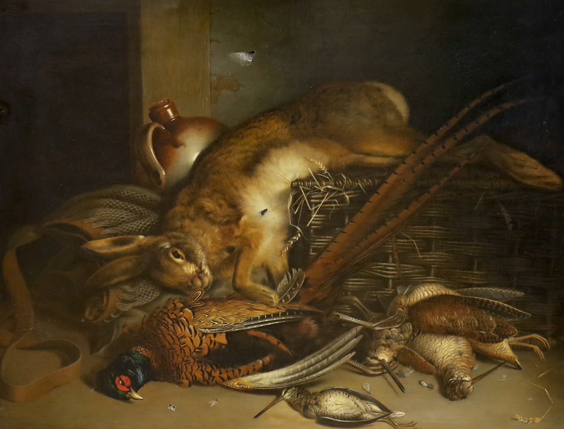 Follower of Jan Weenix (Dutch, 1642-1719), oil on canvas, Still life of dead game, applied plaque to the frame, 69 x 89cm